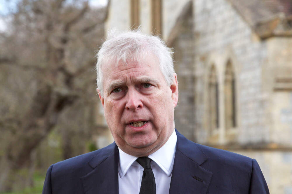 Former Prince Andrew speaks during a television interview at the Royal Chapel of All Saints at Royal Lodge in Windsor, April 11, 2021. (Steve Parsons/Pool Photo via AP)