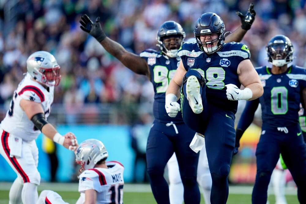 Seattle Seahawks defensive end Rylie Mills (98) celebrates after sacking New England Patriots quarterback Drake Maye during the first half of the NFL Super Bowl 60 football game, Sunday, Feb. 8, 2026, in Santa Clara, Calif. (Sue Ogrocki/AP)