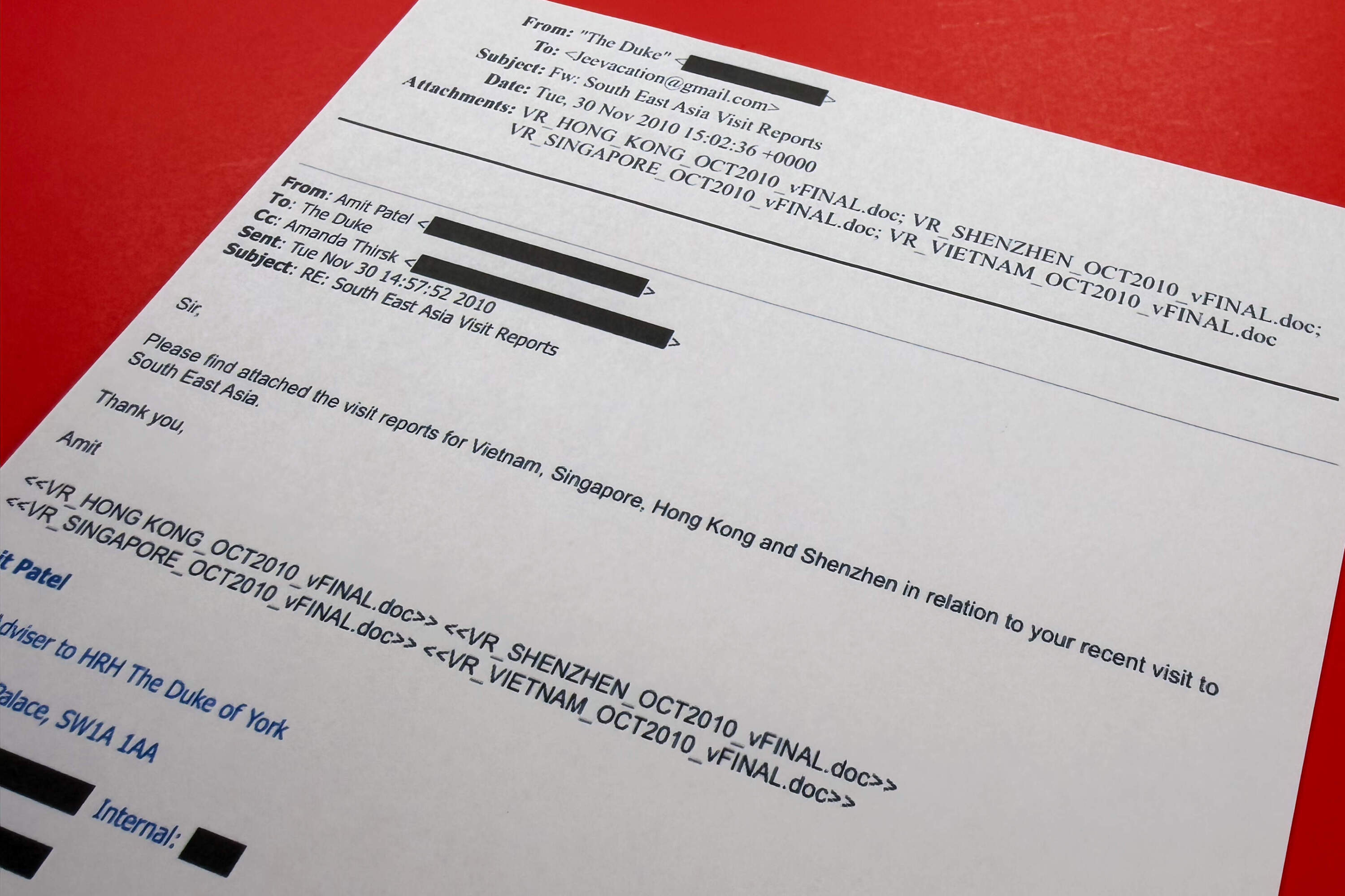 A document that was included in the U.S. Department of Justice release of the Jeffrey Epstein files, photographed Monday, Feb. 9, 2026, shows an email to Epstein. (Jon Elswick/AP)