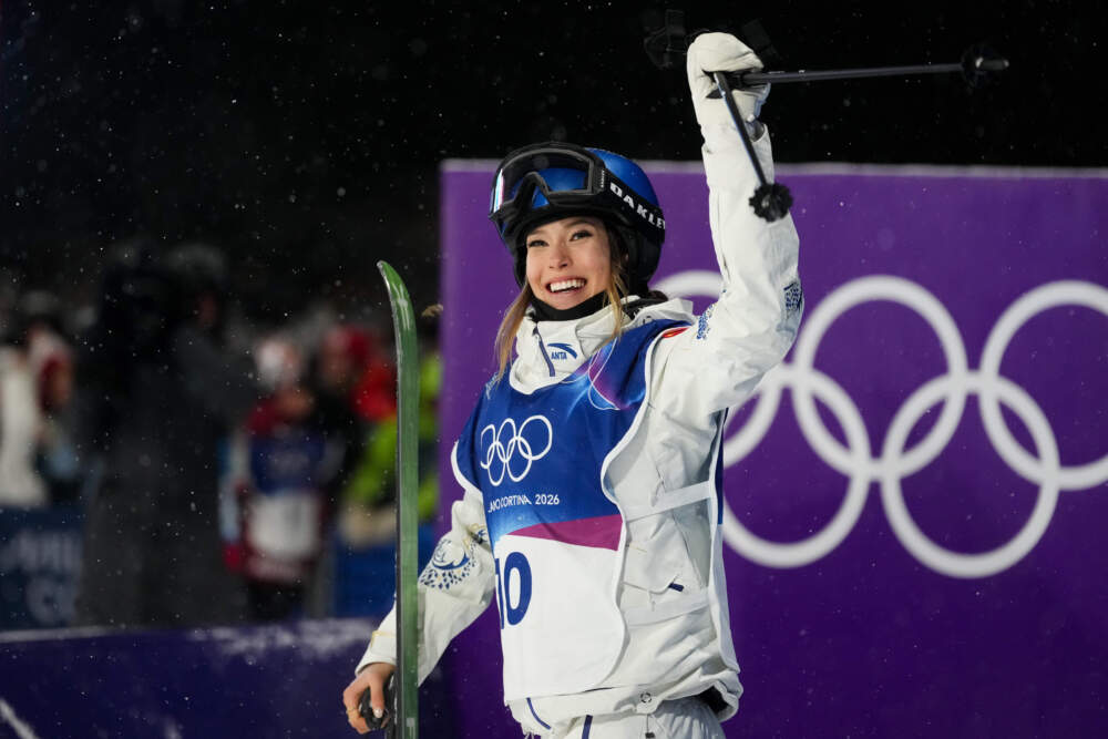 China's Eileen Gu celebrates during the women's freestyle skiing big air finals at the 2026 Winter Olympics, in Livigno, Italy, Monday, Feb. 16, 2026. (Lindsey Wasson/AP)