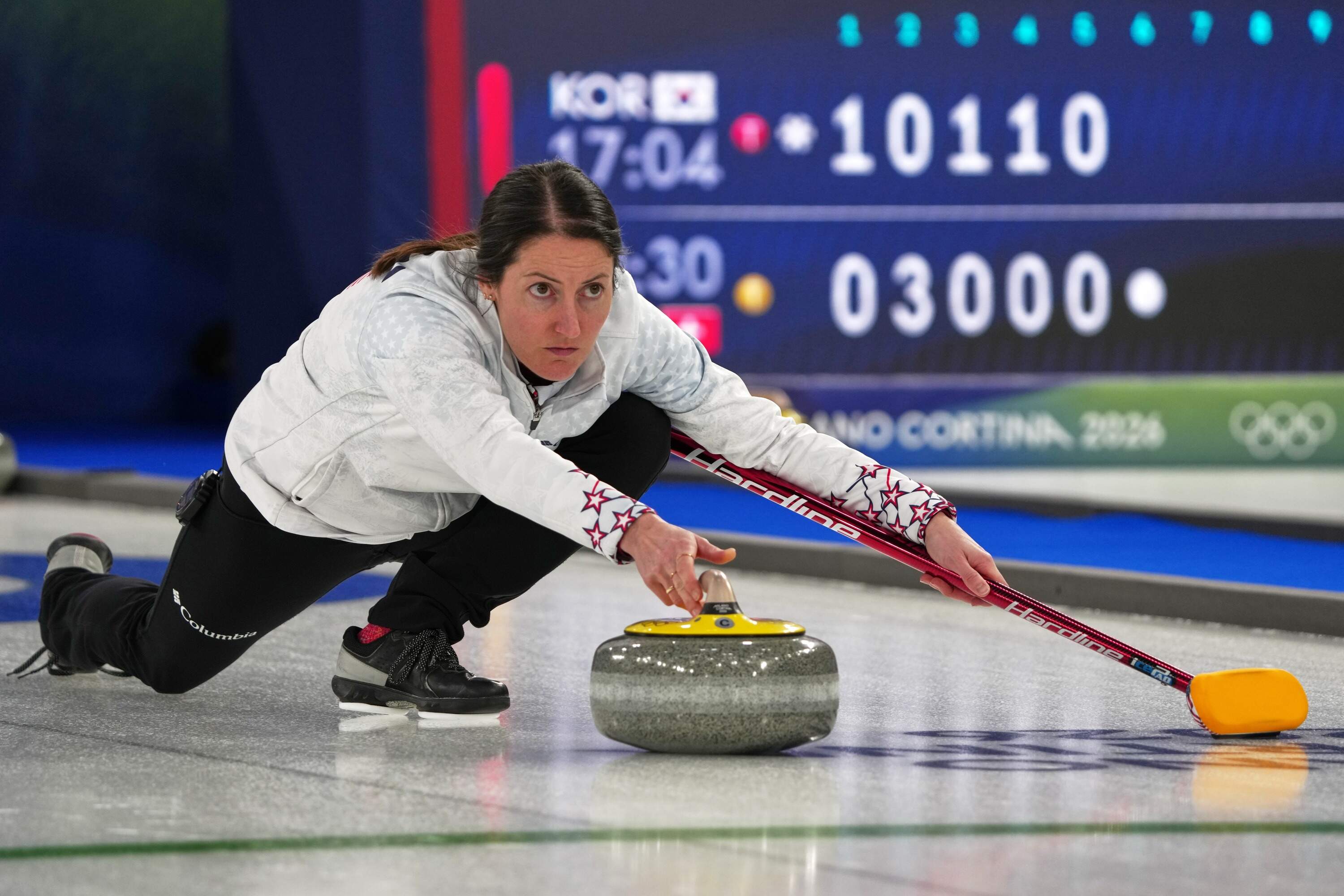 United States' Tabitha Peterson in action during the women's curling round robin session against Denmark, at the 2026 Winter Olympics, in Cortina d'Ampezzo, Italy, Tuesday, Feb. 17, 2026. (Misper Apawu/AP)