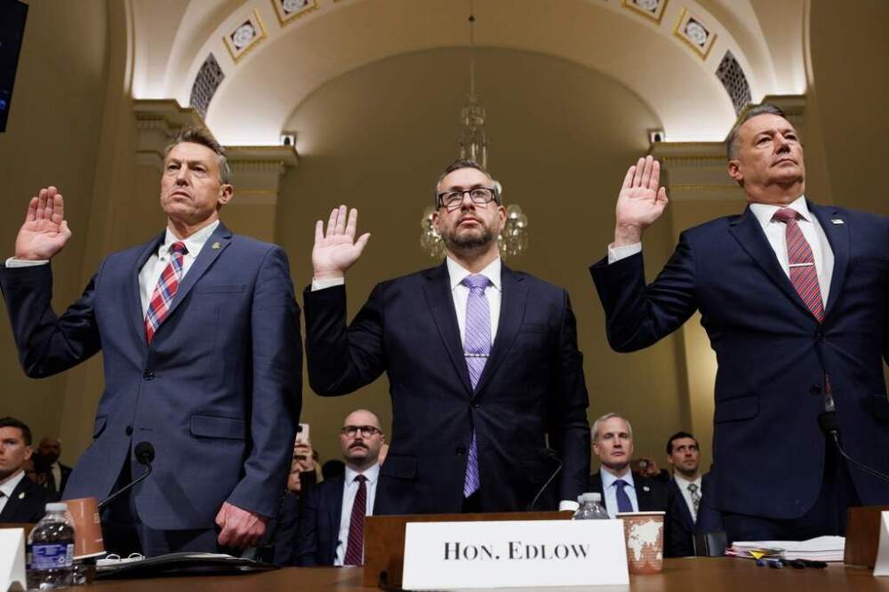 From left, Rodney Scott, commissioner of U.S. Customs and Border Protection, Joseph Edlow, director of U.S. Citizenship and Immigration Services and Todd Lyons, acting director of the U.S. Immigration and Customs Enforcement, are sworn in during a House Committee on Homeland Security oversight hearing. (AP Photo/Tom Brenner)