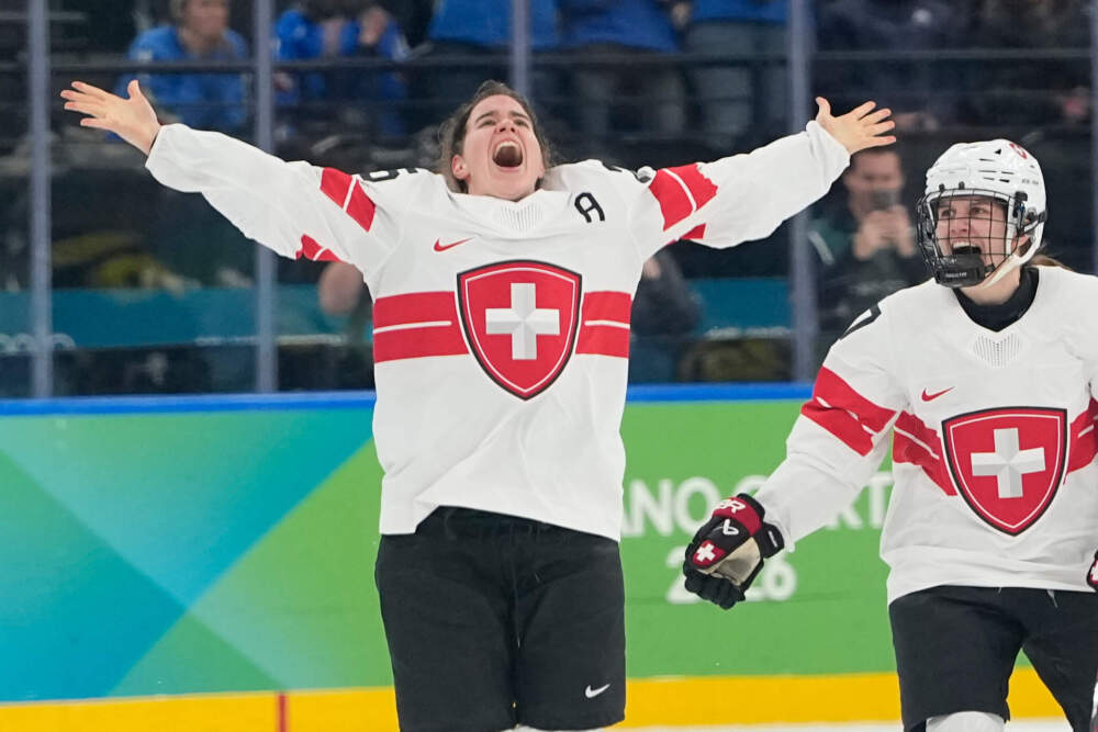 Switzerland's Alina Muller (25) celebrates after the bronze medal game between Switzerland and Sweden at the 2026 Winter Olympics, in Milan, Italy, Thursday, Feb. 19, 2026. (Hassan Ammar/AP)
