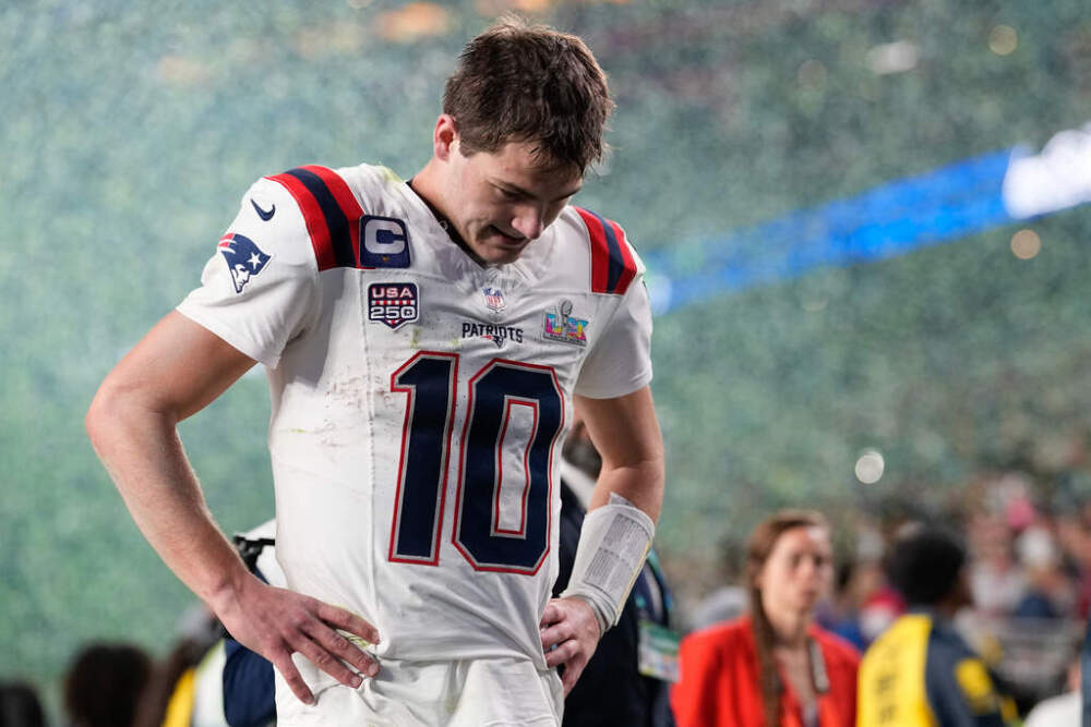 New England Patriots quarterback Drake Maye walks off the field after a loss to the Seattle Seahawks in the NFL Super Bowl 60 football game, Sunday, Feb. 8, 2026, in Santa Clara, Calif. (Julio Cortez/AP)