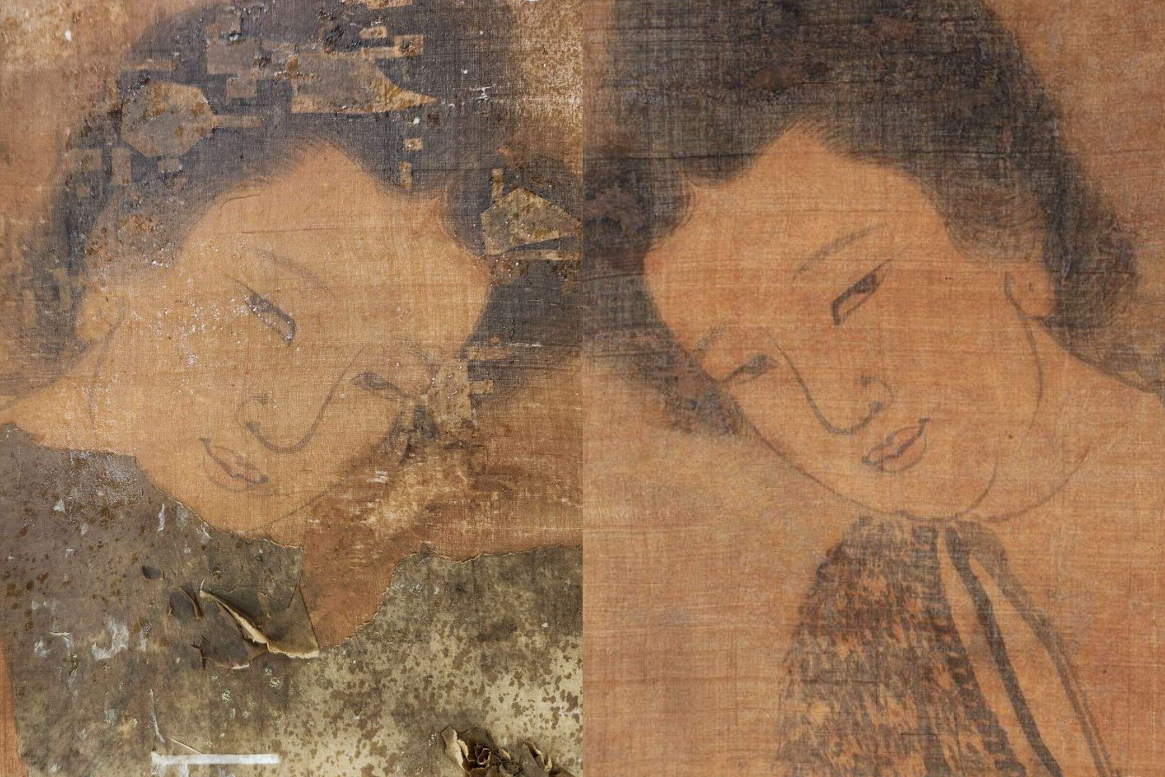 Detail images of the scroll before and after restoration. (Courtesy Davis Museum)