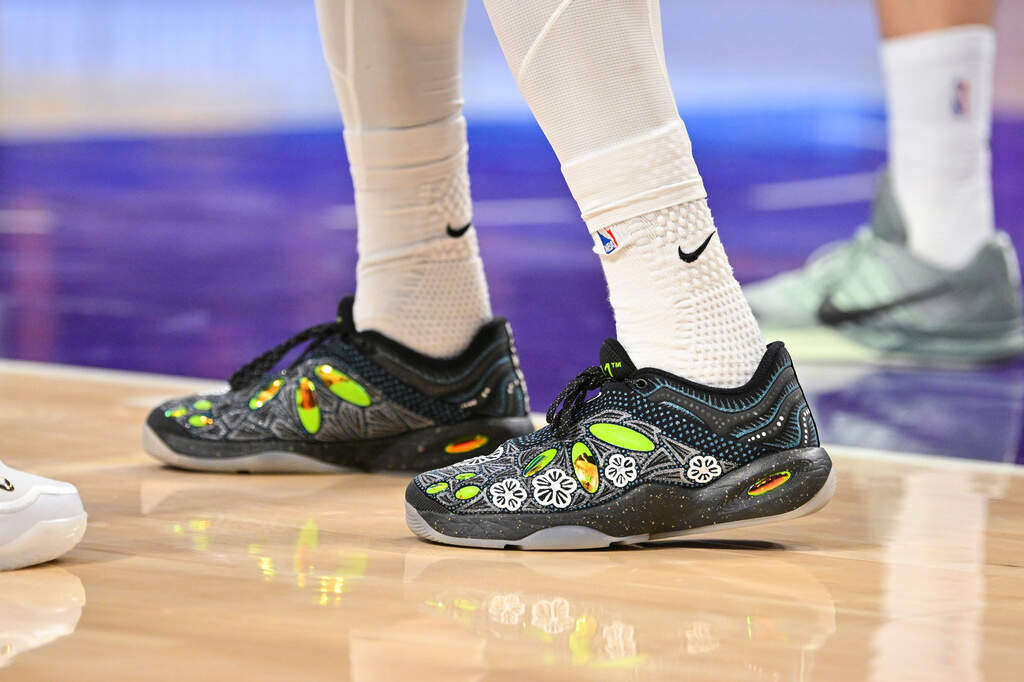 Sneakers worn by Boston Celtics guard Jaylen Brown during the first half of an NBA basketball game against the Los Angeles Lakers Sunday, Feb. 22, 2026, in Los Angeles. (Katie Chin/AP)