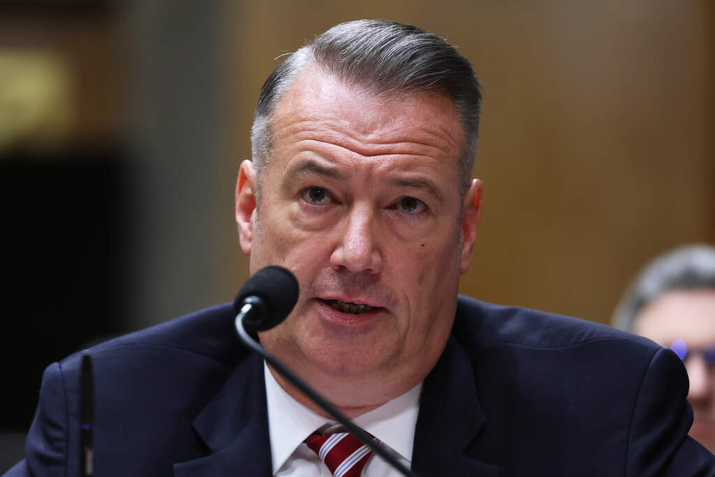 Todd Lyons, the acting director of U.S. Immigration and Customs Enforcement, speaks during a Senate Homeland Committee hearing on Capitol Hill in Washington, Thursday, Feb. 12, 2026, in Washington. (Tom Brenner/AP)