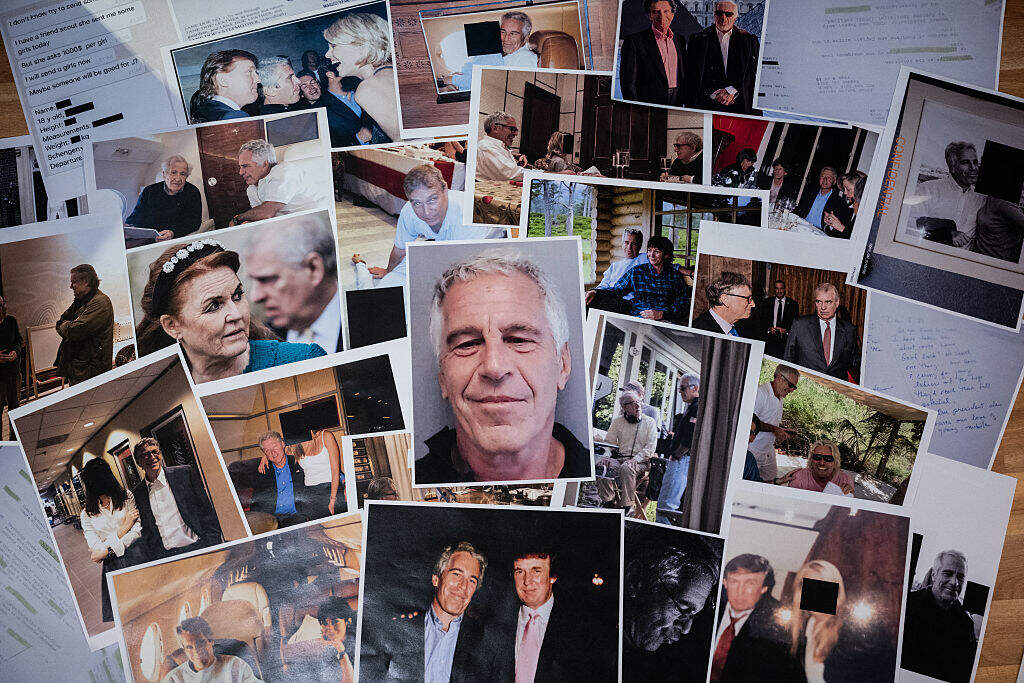 This photograph taken in Le-Perreux-sur-Marne, outside Paris on February 9, 2026 shows undated pictures provided by the U.S. Department of Justice on January 30, 2026 as part of the Jeffrey Epstein files. (Martin Bureau / AFP via Getty Images)