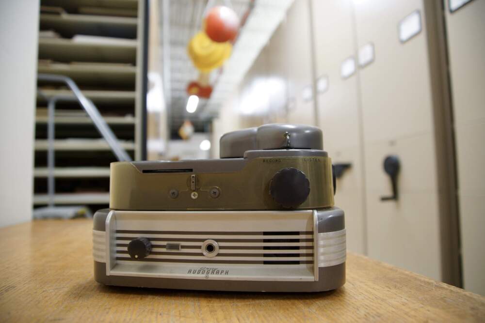 A Gray Audograph, an office dictation device that etched audio onto thin plastic disks, that captured the humpback whale sounds in 1949. (Courtesy of Woods Hole Oceanographic Institution)