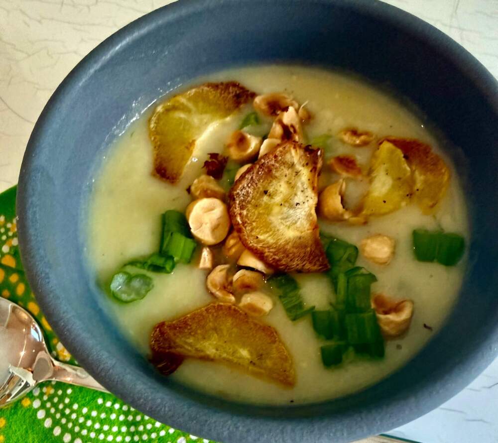 Parsnip and leek soup with parsnip chips. (Kathy Gunst/Here & Now)
