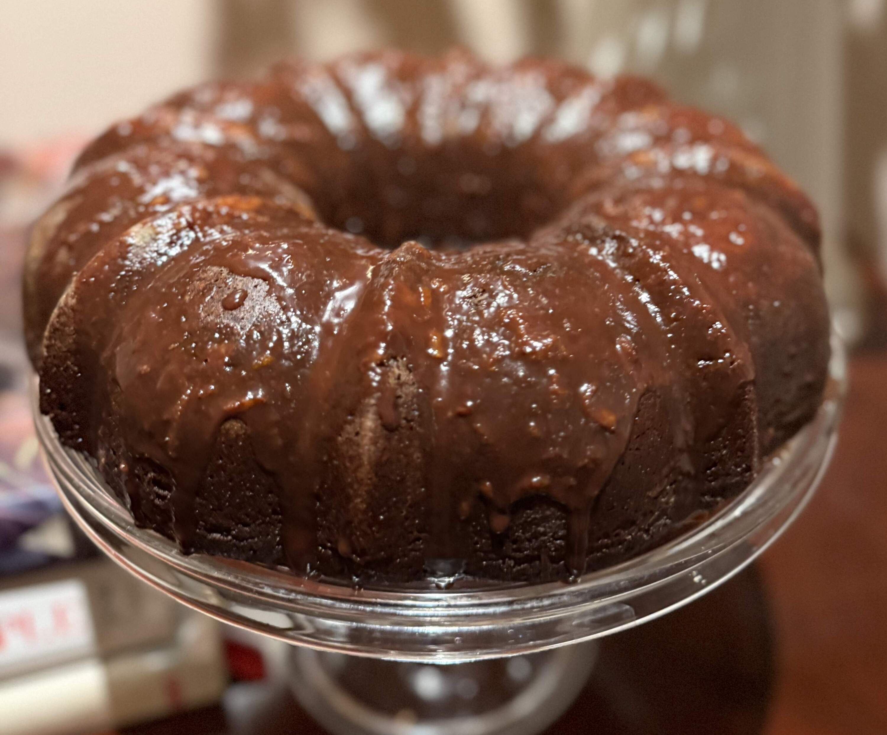 Chocolate-chocolate sour cream bundt cake with chocolate-orange glaze. (Kathy Gunst/Here &amp; Now)