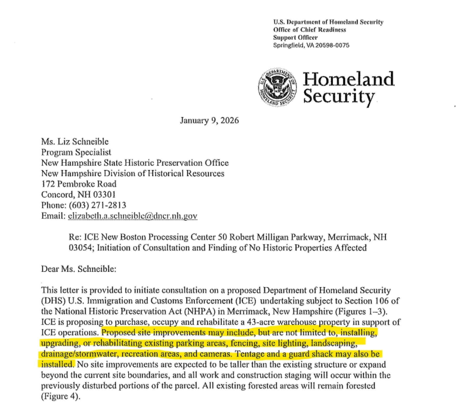 Screengrab of letter sent to NH Division of Historical Resources by the US Department of Homeland Security about its plans for an ICE facility in Merrimack. Highlights made by NHPR. (NHPR)
