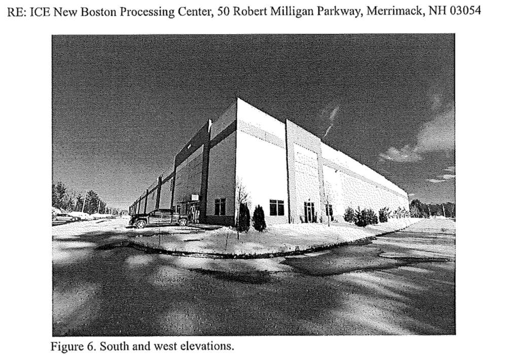 This image was attached to a letter from the U.S. Department of Homeland Security to the New Hampshire State Historic Preservation Office detailing a proposal to transform a Merrimack warehouse into an ICE processing center. (New Hampshire Division of Historical Resources via ACLU of NH)