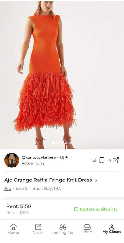 A screen shot of Karissa McCarthy's dress listing on the app Pickle. Her dress is available for other users to rent. (Courtesy Karissa McCarthy)