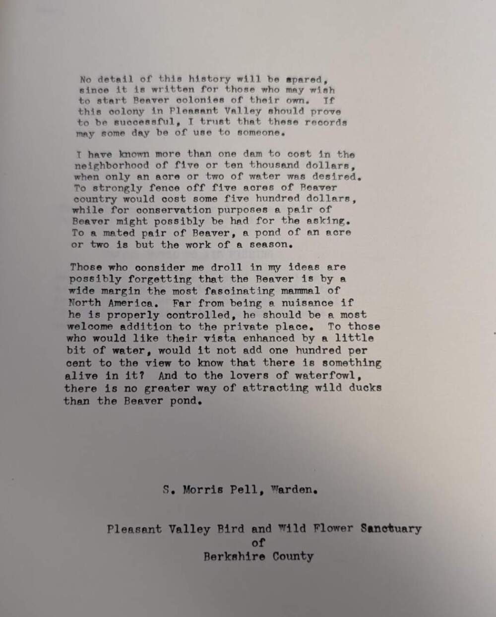 A typed page from Morris Pell's beaver colony log. Pell kept close records of the beavers from 1932 to 1938. (Becky Cushing Gop/Mass Audubon)