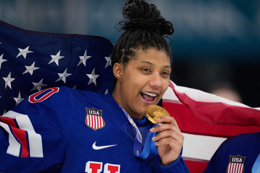 United States' Laila Edwards (10) poses after United States' women's ice hockey team was presented with the gold medals at the 2026 Winter Olympics. (Petr David Josek/AP)
