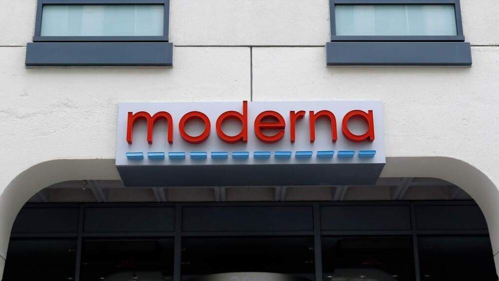 A sign marks an entrance to a Moderna building in Cambridge, Mass., May 18, 2020. (Bill Sikes/AP File)