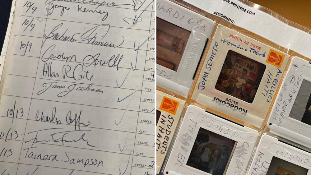 Left, an AAMARP guest list showing Allan Rohan Crite's signature. Right, Kodakcolor slides belonging to artist Joan Semedo. (Courtesy Northeastern University Archives and Special Collections via Arielle Gray/WBUR)