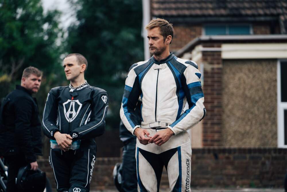 Harry Melling (left) and Alexander Skarsgård in writer-director Harry Lighton's "Pillion." (Courtesy Chris Harris/A24)