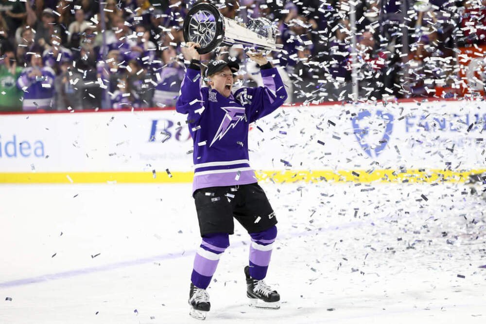 Minnesota Frost forward Kendall Coyne Schofield celebrates with the Walter Cup after her team won the PWHL hockey finals against the Ottawa Charge, Monday, May 26, 2025, in St. Paul, Minn. (Ellen Schmidt/AP)