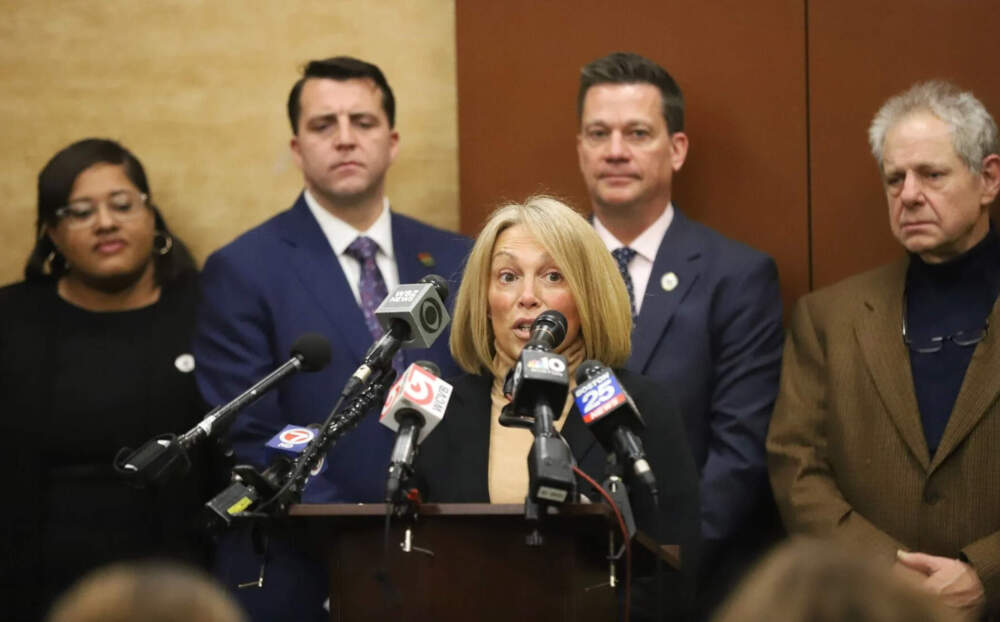 Kellie Young, director of Boston's Coordinated Response Team, speaks at a press conference related to working group recommendations for Mass. and Cass. (Sam Drysdale/SHNS)