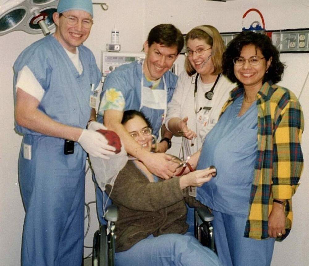 The author (center right, wearing a head band) and her cohort in medical school, on a Labor and Delivery overnight rotation at around 4 a.m., a time when sleep deprivation giddiness had set, in 1996. (Courtesy Shannon CC Nedelka)