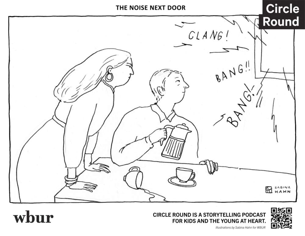 A woman and man look out their window at noisy neighbors. (Sabina Hahn for WBUR)