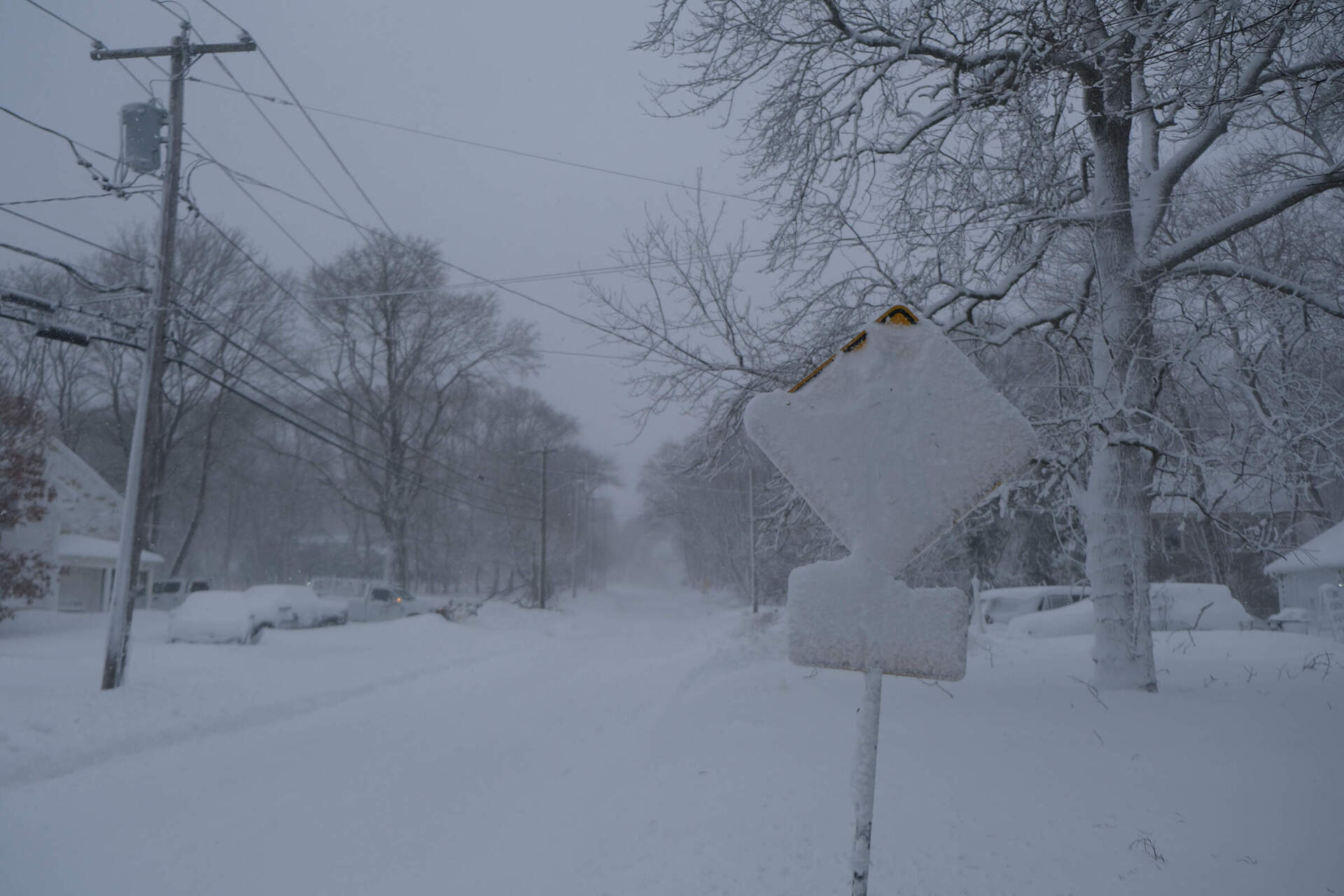 The storm dumps snow and whips wind through Scituate Monday morning. (Patrick Madden/WBUR)