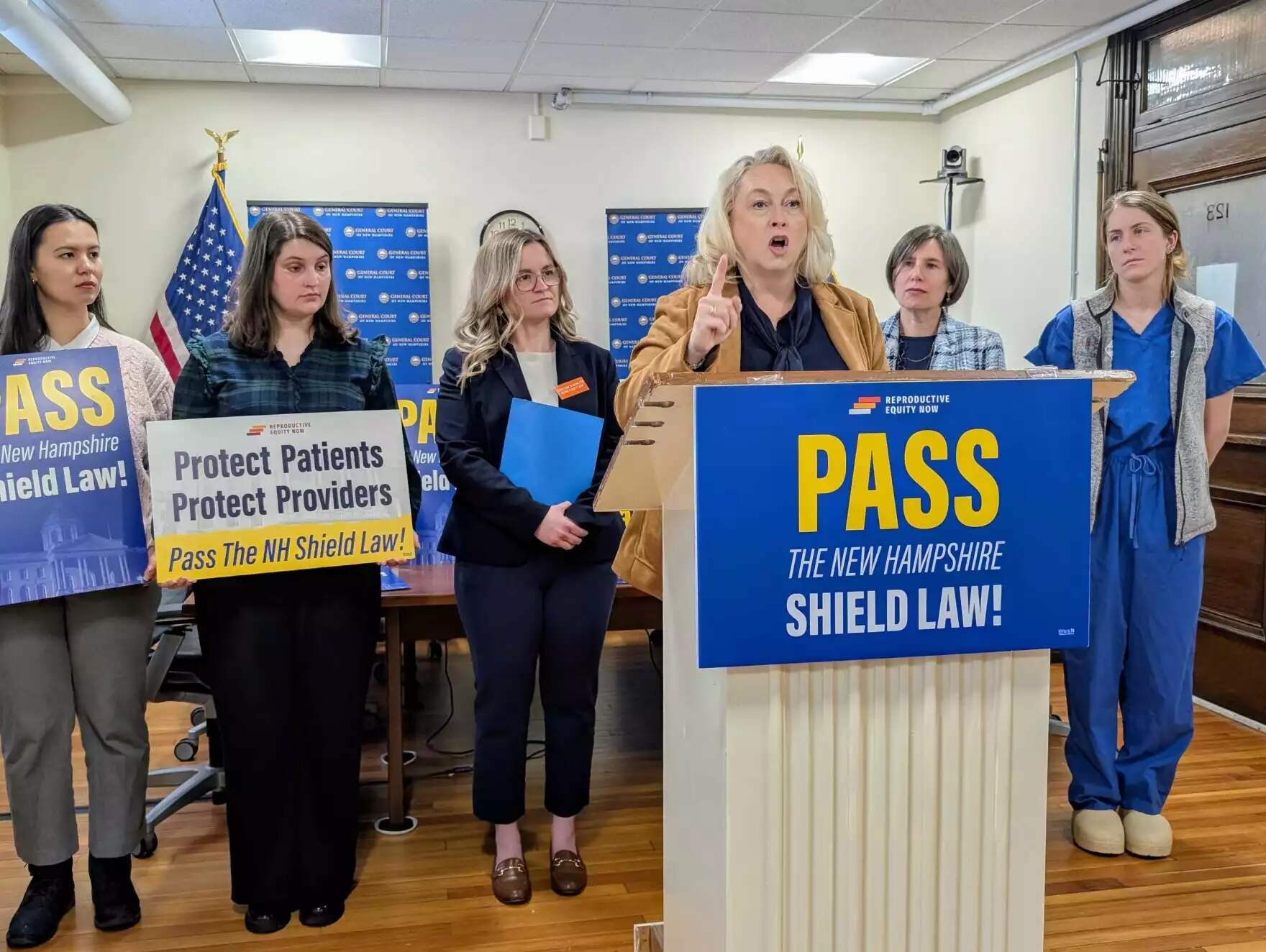 Sen. Debra Atlschiller, a Democrat from Stratham, spoke at a press conference ahead of a hearing on SB551 which introduces a shield law to New Hampshire that protects medical practitioners when providing abortions and contraceptive care to patients from out of state. (Olivia Richardson/NHPR)