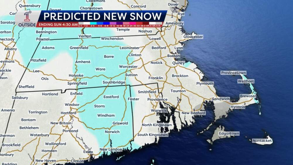 Expected snowfall across Massachusetts on Saturday, Feb. 7, 2026. (Danielle Noyes/1DegreeOutside)
