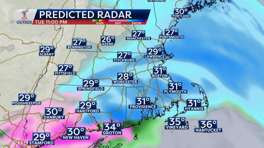 The expected radar for Tuesday, Feb. 10, 2026 at 11 p.m. (Danielle Noyes/1DegreeOutside)