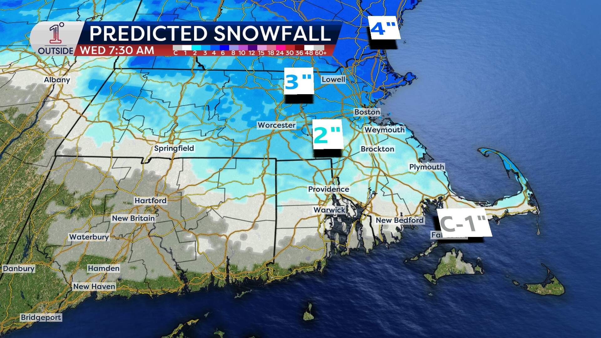 Predicted snowfall by 7:30 a.m. on Wednesday, Feb. 11, 2026. (Danielle Noyes/1DegreeOutside)