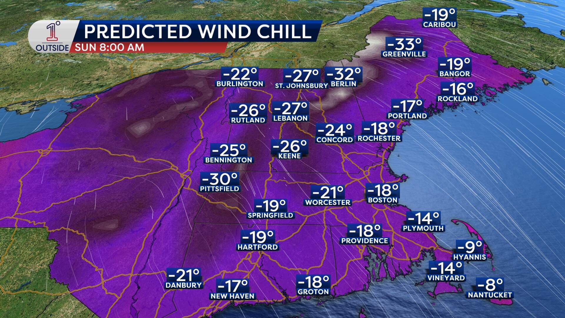 Predicted wind chills for Sunday, Feb. 8, 2026 at 8 a.m. (Danielle Noyes/1DegreeOutside)