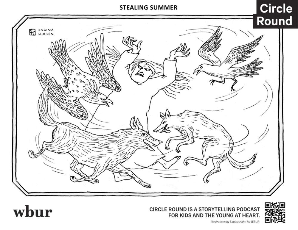 A woman with an eagle, wolf, coyote, and raven. (Sabina Hahn for WBUR)