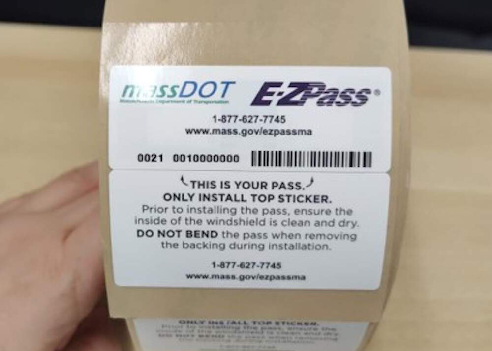 One of the new E-Z Pass stickers that Massachusetts will begin giving out in March. (Courtesy of MassDOT)