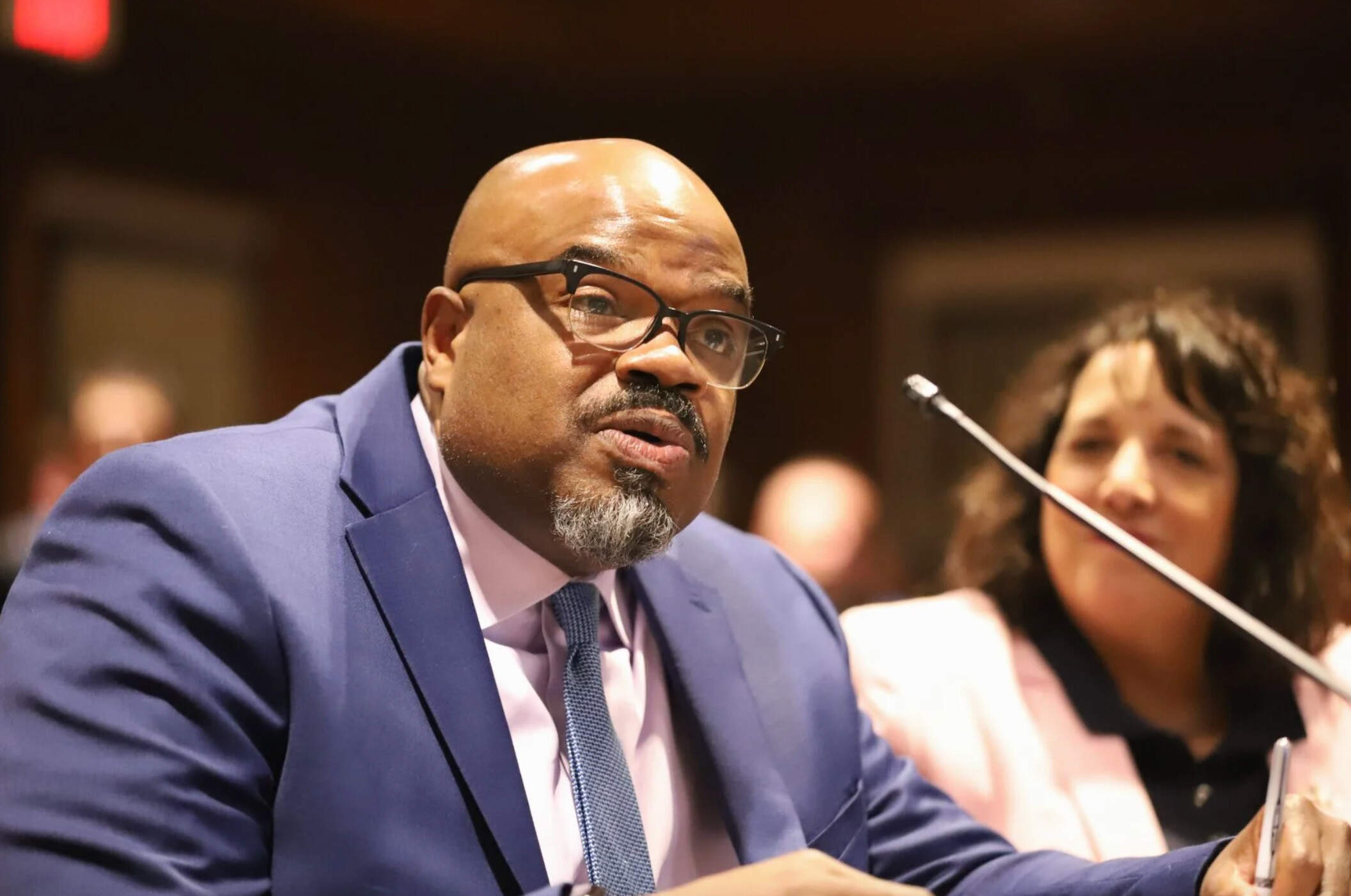 Secretary of Education Patrick Tutwiler testifies before the Joint Committee on Higher Education on Tuesday June 3, 2025. (Sam Drysdale/SHNS)