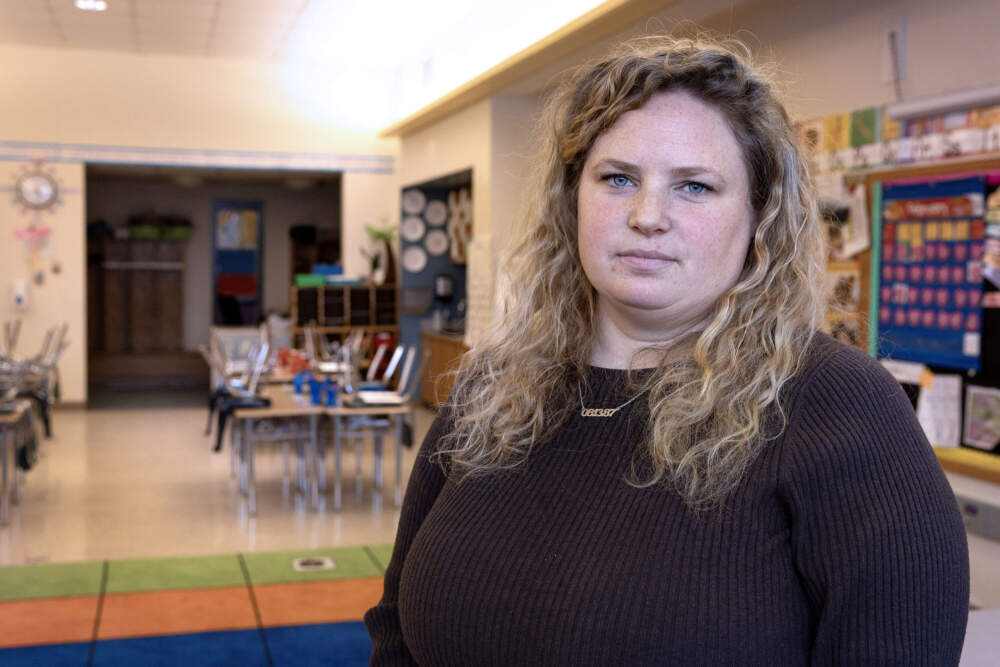 Kindergarten teacher Shanna Landry in her classroom at the Harmony Grove Elementary in Framingham, Mass. (Robin Lubbock/WBUR)