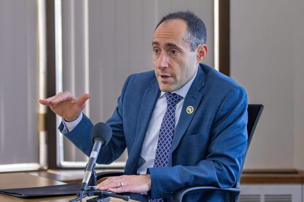 Massachusetts Secretary of the Executive Office of Economic Development Eric Paley speaking during an interview with WBUR. (Jesse Costa/WBUR)