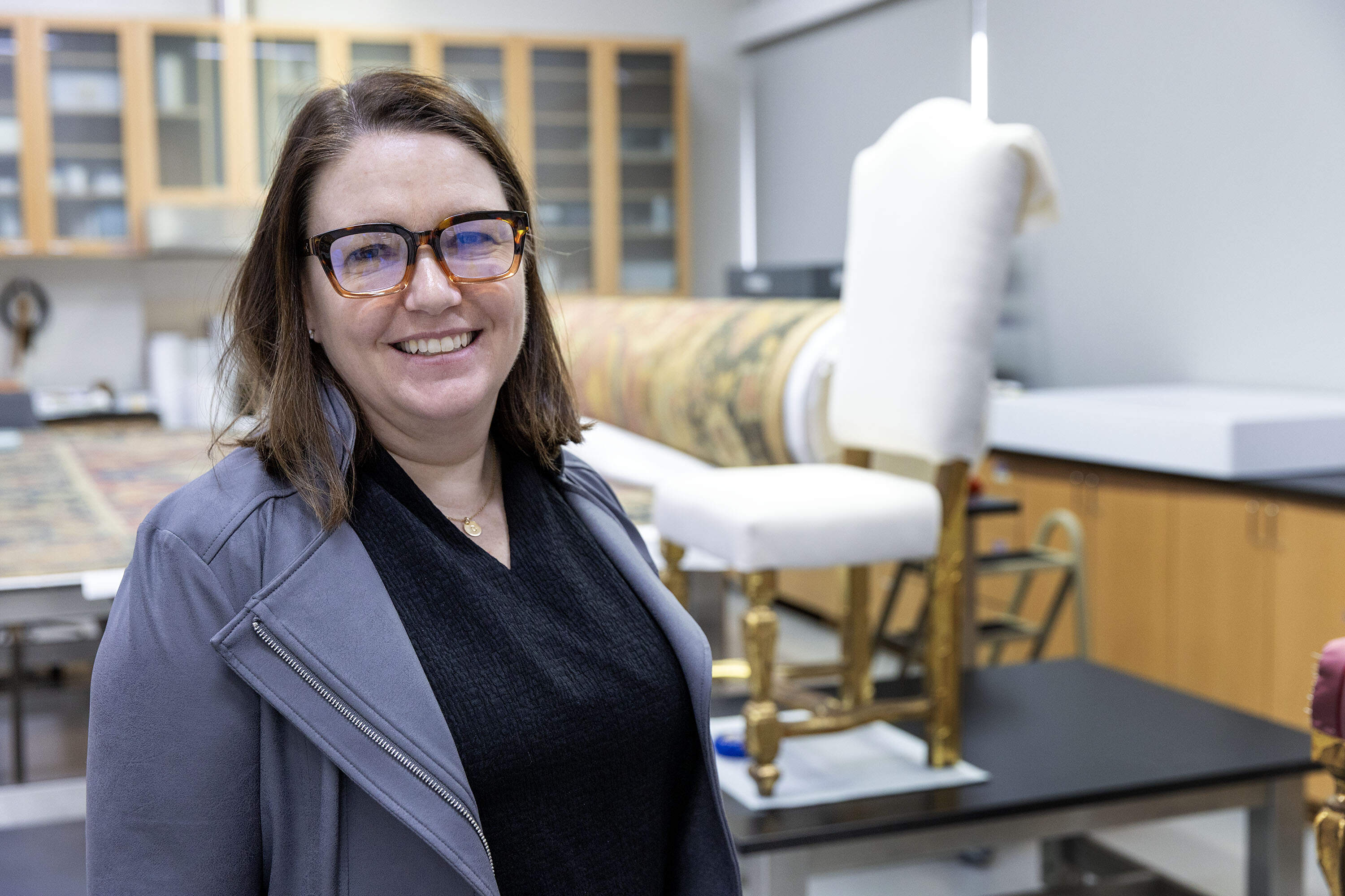 Holly Salmon, director of conservation at the Isabella Stewart Gardner Museum, in the museum's conservation workshop. (Robin Lubbock/WBUR)