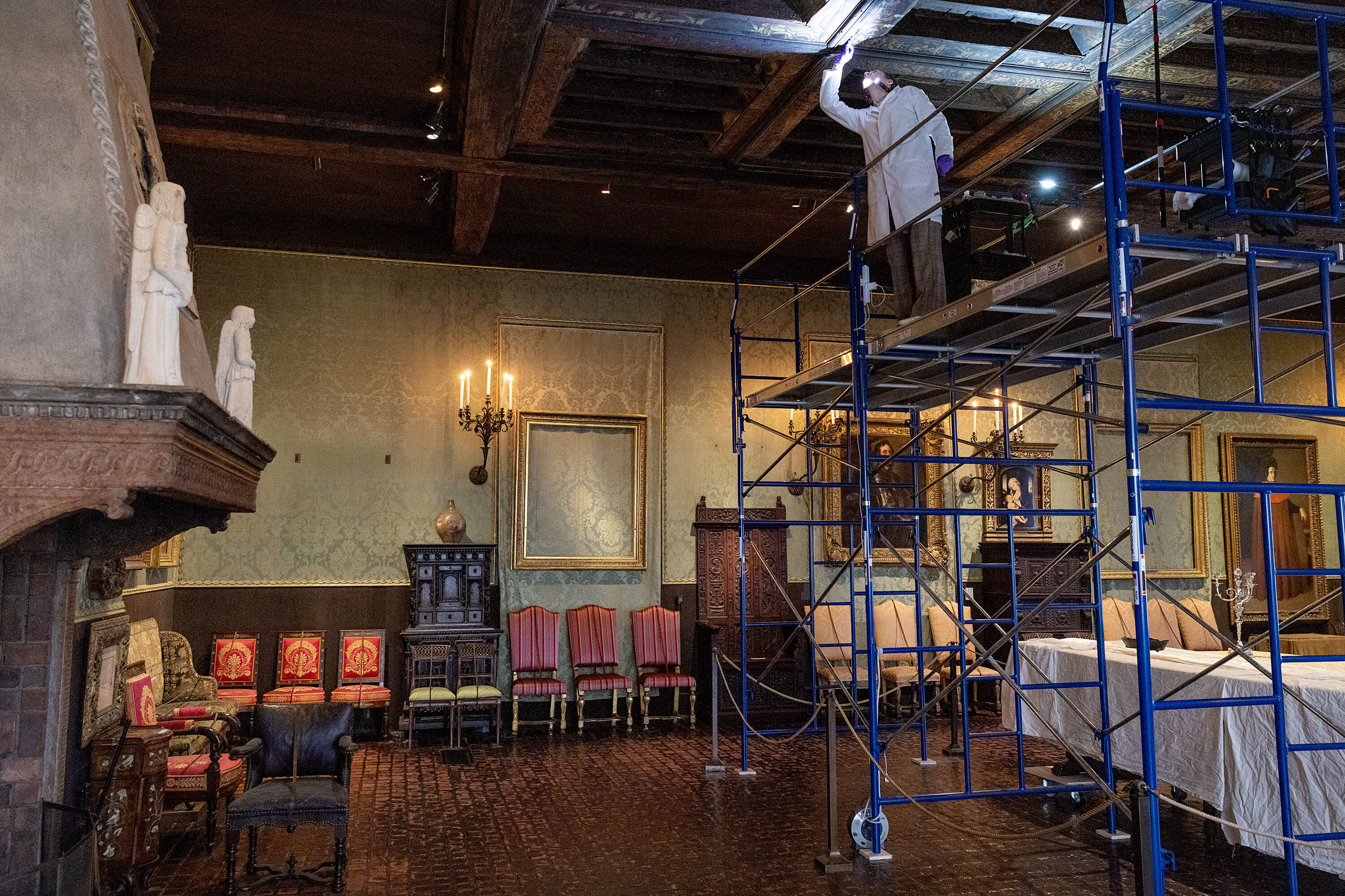 Newly restored chairs back in the Dutch Room at the Isabella Stewart Gardner Museum. (Robin Lubbock/WBUR)