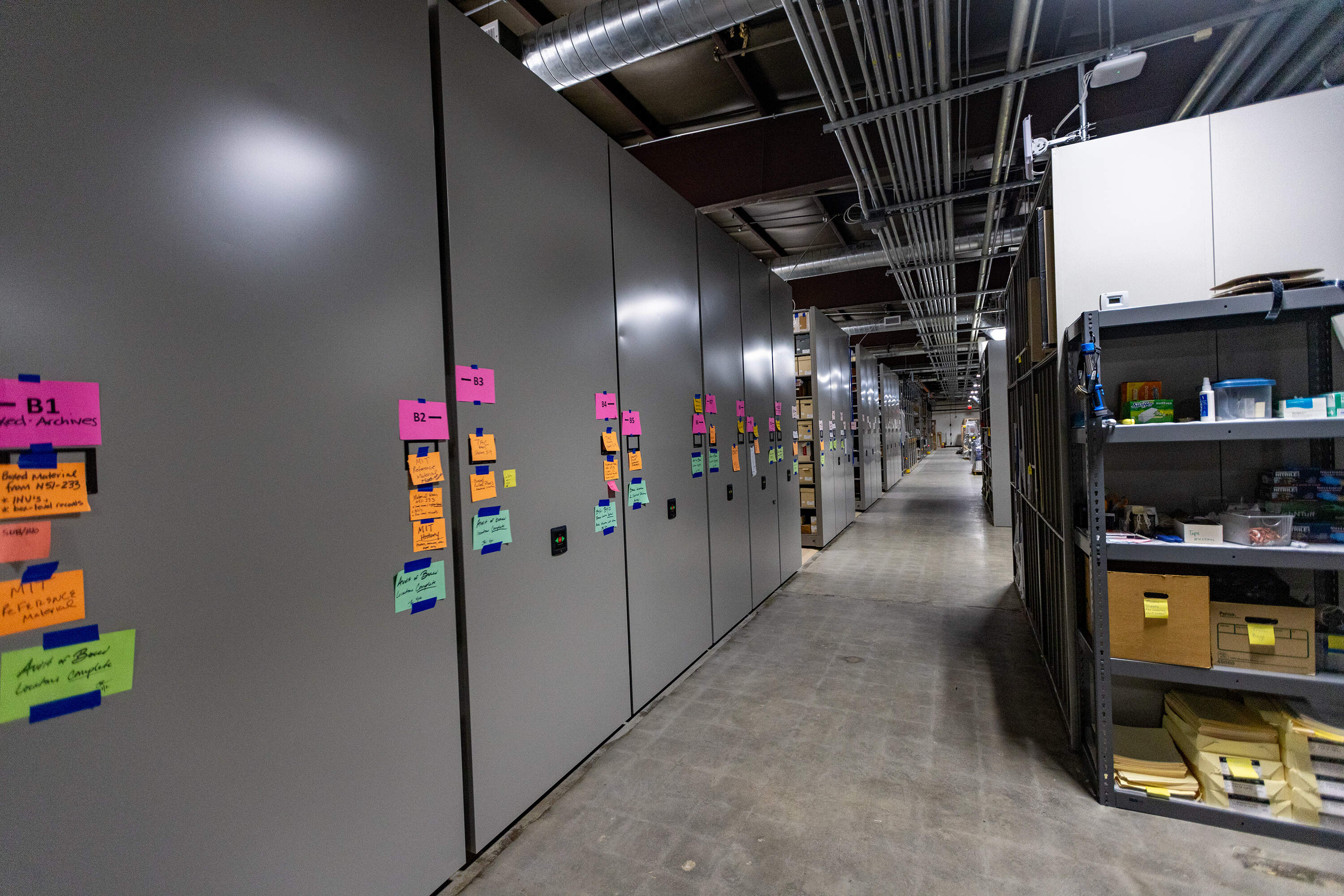 The MIT Museum’s permanent collection facility with rolling archive shelves. (Jesse Costa/WBUR)