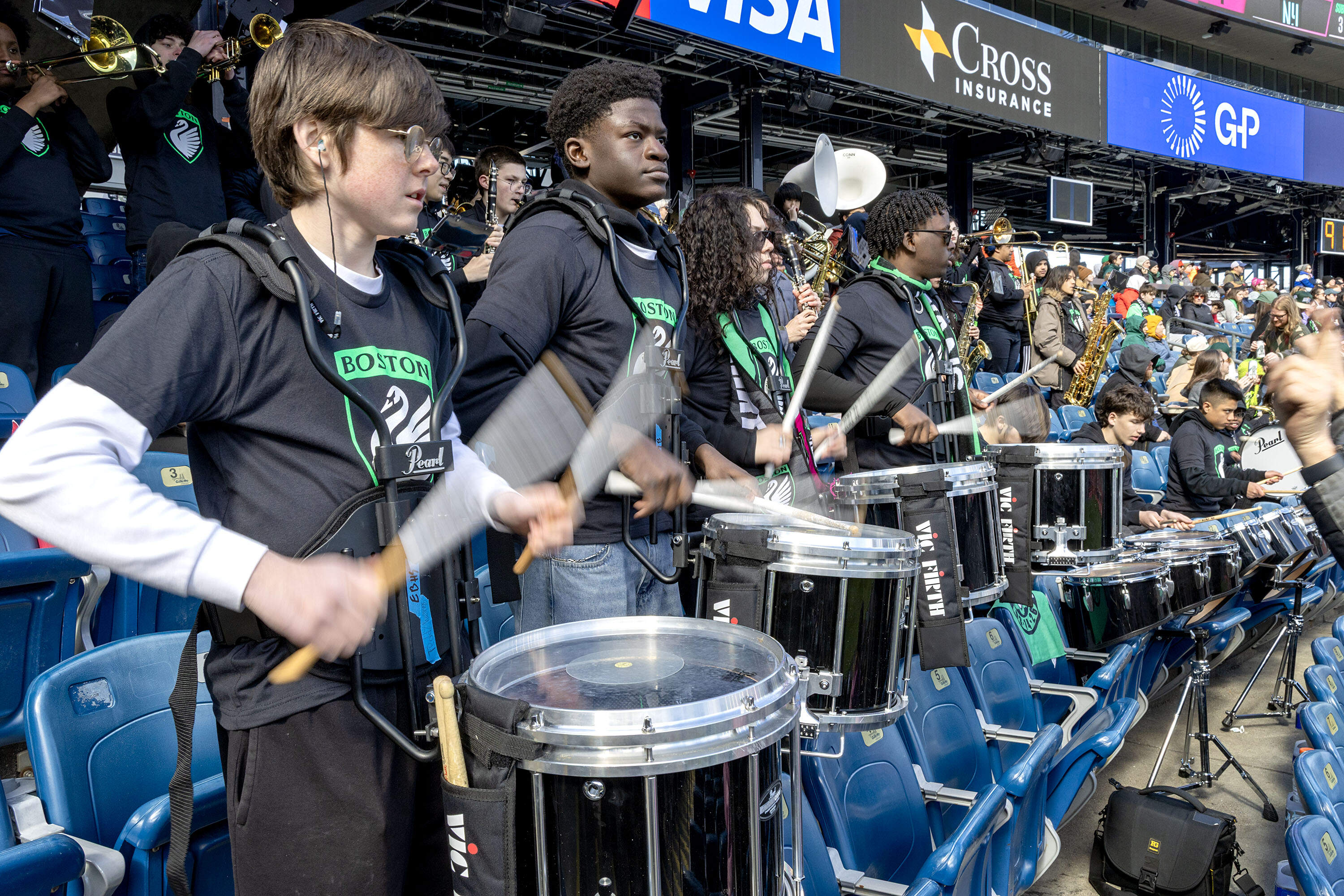 Drummers from the Boston Public Schools band play at the Boston Legacy FC inaugural match. (Robin Lubbock/WBUR)