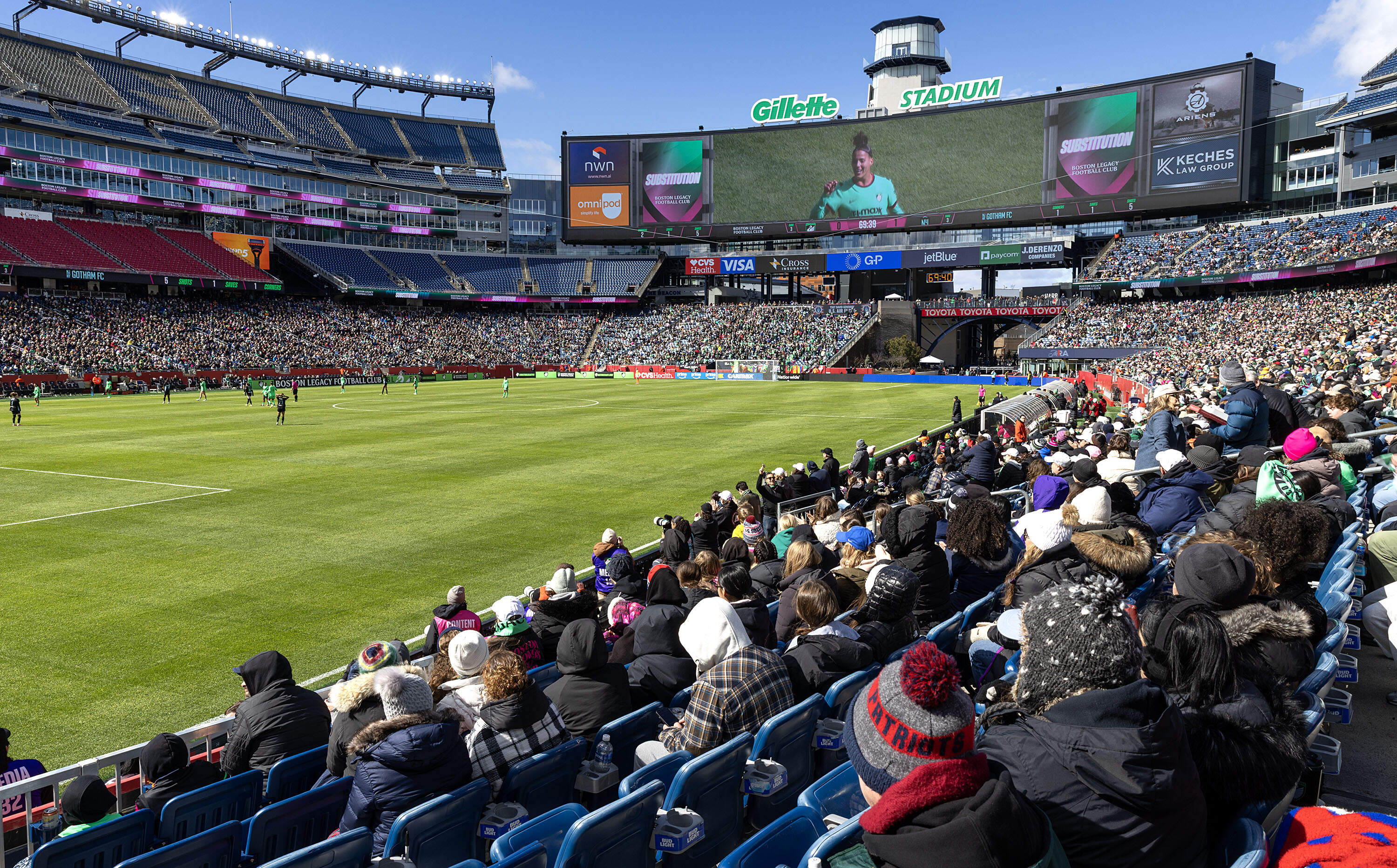 Boston Legacy FC plays their inaugural match at Gillette Stadium in Foxborough, March 14, 2025.(Robin Lubbock/WBUR)