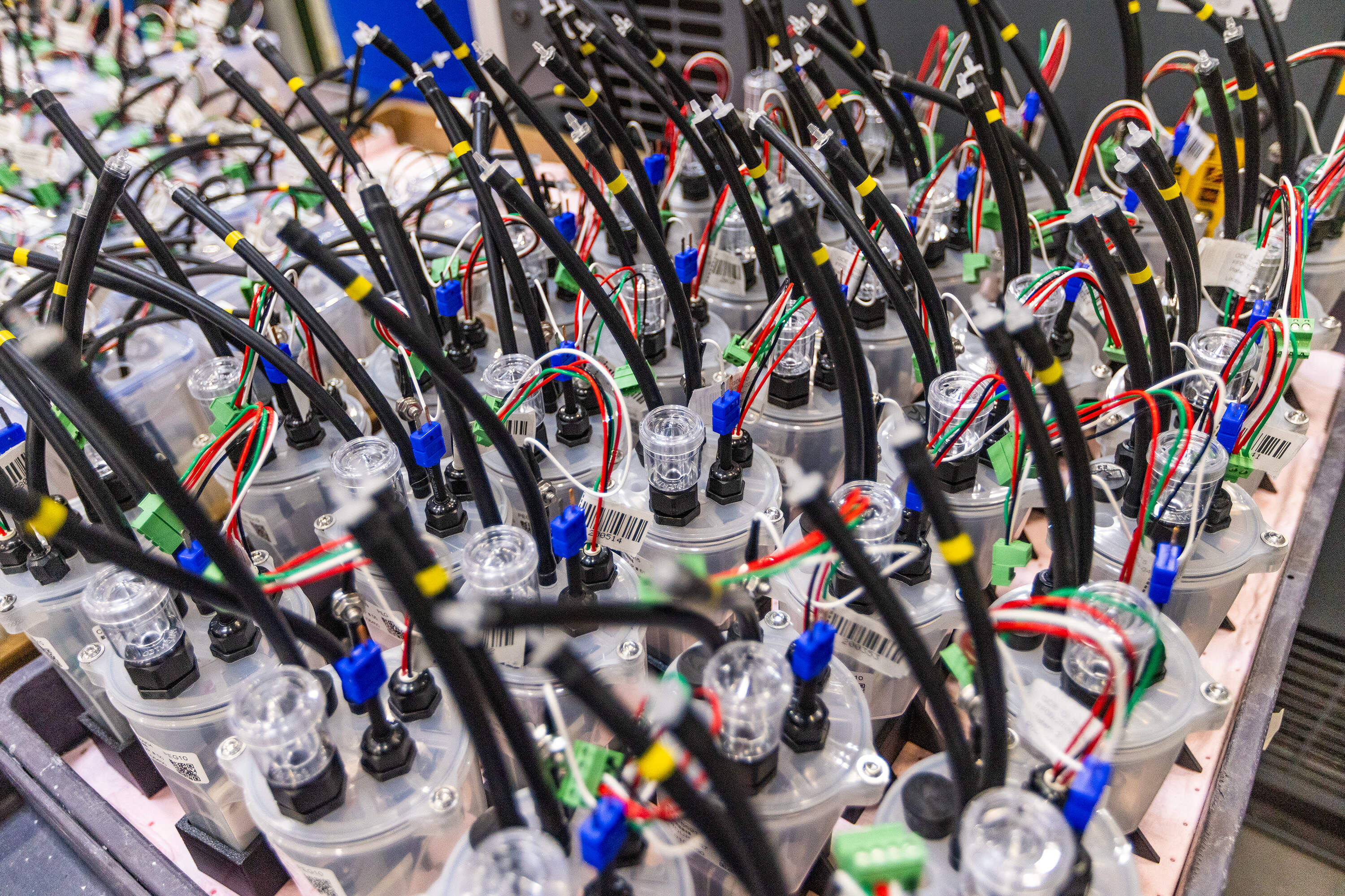 Form Energy subscale batteries waiting to go through testing at the company's facility in Somerville. (Jesse Costa/WBUR)