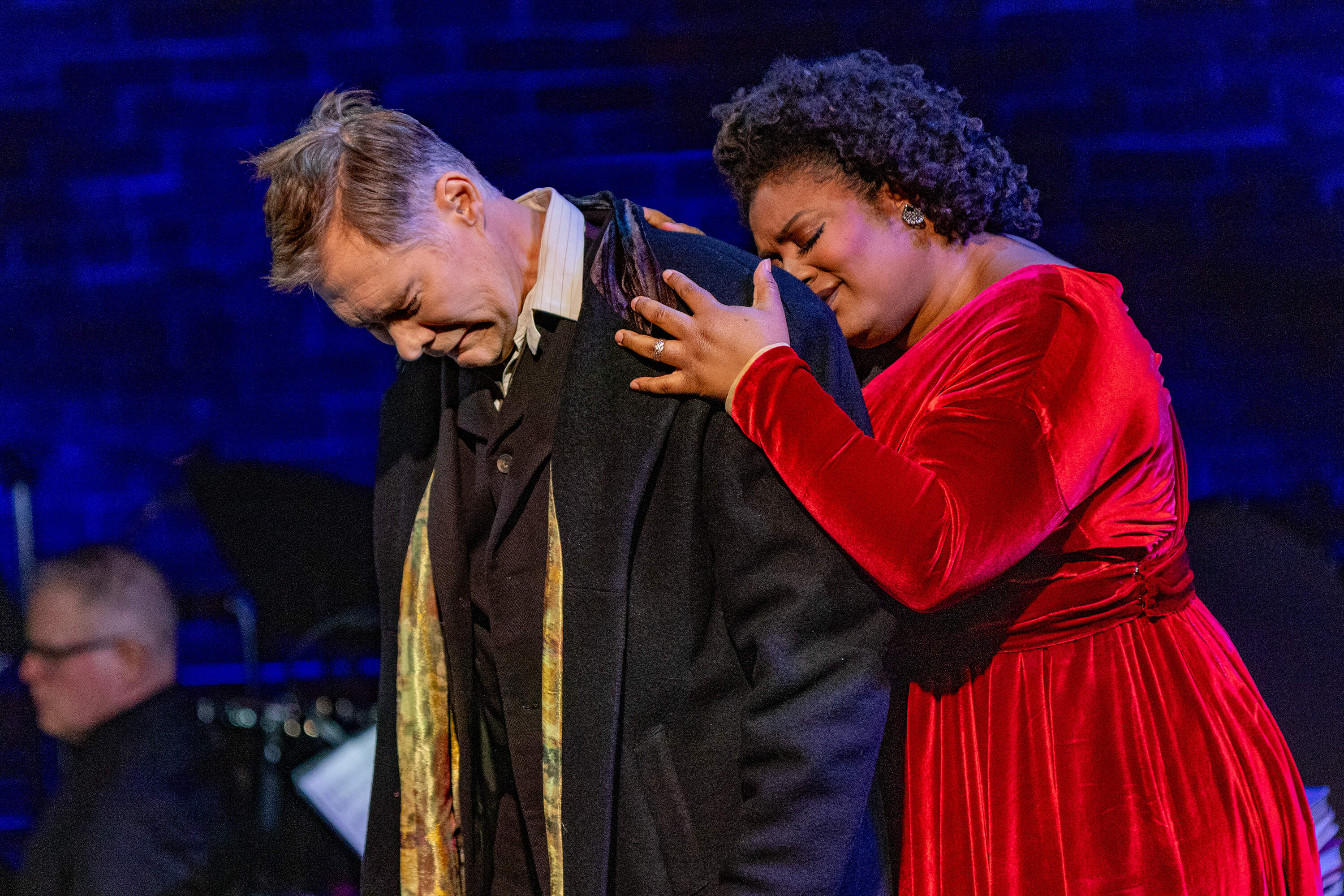 Brandon Jovanovich and Raehann Bryce-Davis perform during the final rehearsal for the Boston Lyric Opera production of “The Song of the Earth” being performed at the new BLO theater space at Midway Studios in Fort Point. (Jesse Costa/WBUR)