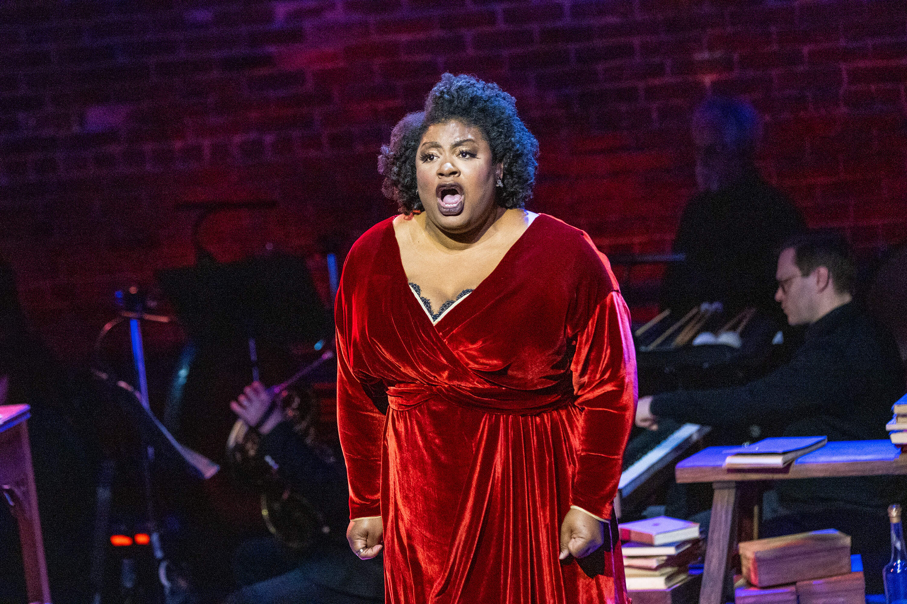 Raehann Bryce-Davis, as the Lover, sings during the final rehearsal for the Boston Lyric Opera production of “The Song of the Earth” being performed at the new BLO theater space at Midway Studios in Fort Point. (Jesse Costa/WBUR)