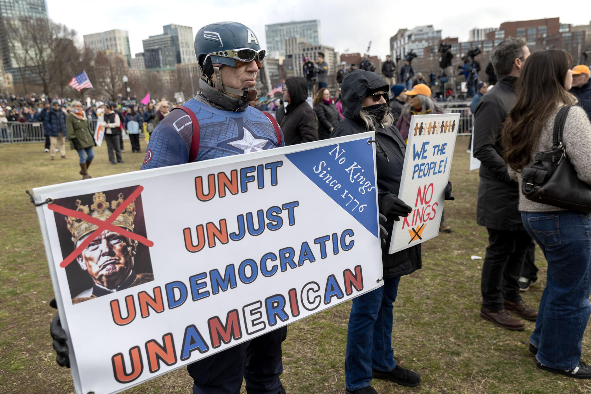 A protestor at the "No Kings" rally on Boston Common on Saturday. (Robin Lubbock/WBUR)