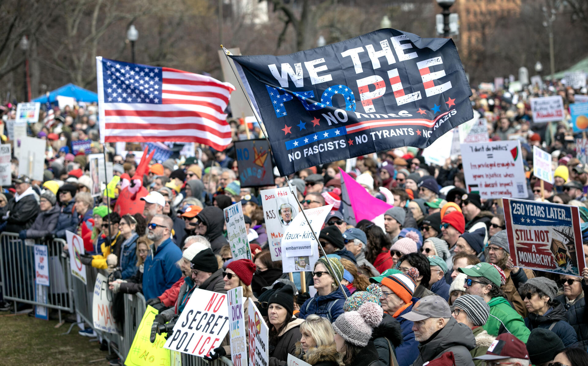 Protesters watch speakers on Boston Common during Saturday's rally. (Robin Lubbock/WBUR)