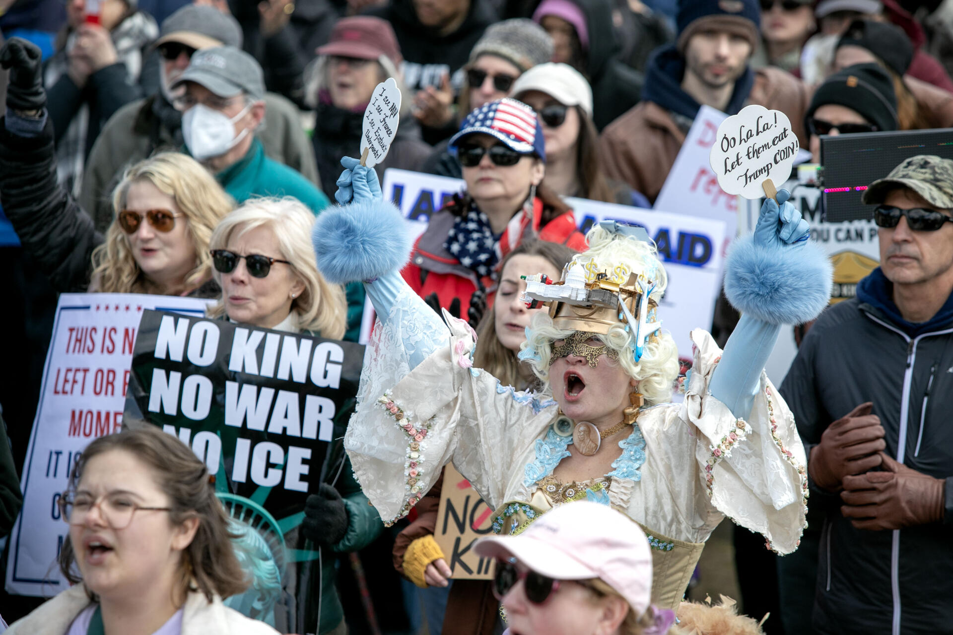Protesters at the third "No Kings" rally in Boston. (Robin Lubbock/WBUR)