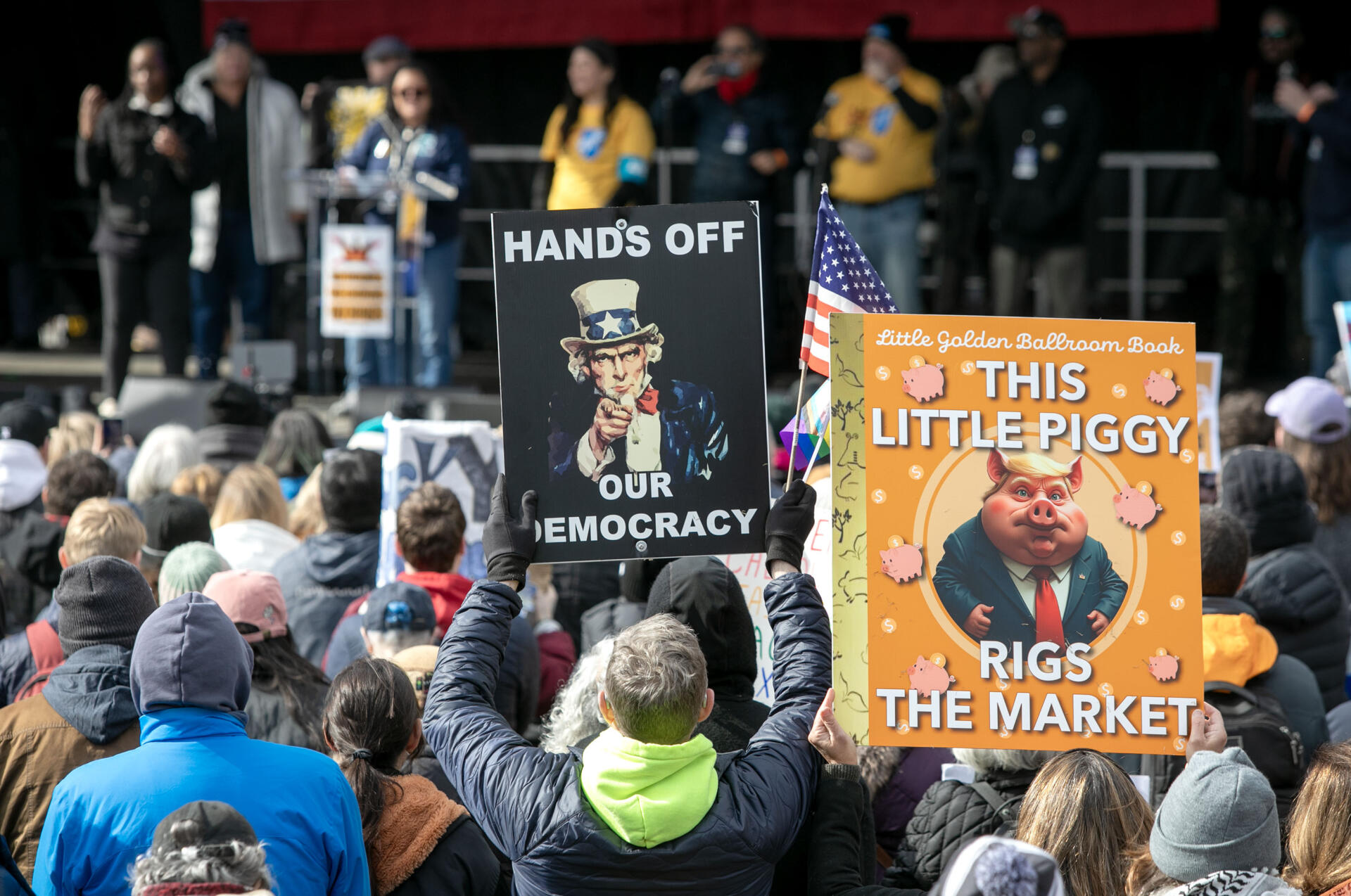 Protestors carried signs and chanted slogans at the "No Kings" rally on Boston Common on Saturday. (Robin Lubbock/WBUR)